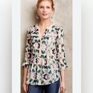 Anthropologie Maeve Women’s Butterfly Print Pintuck Cotton Shirt Floral, size 2